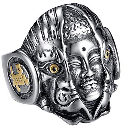HIJONES Herren Vintage Buddhist Buddha und Dämon Mantra Ring aus Edelstahl Antikes Silber Größe 68