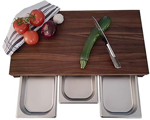 Brückenschneidebrett NUSSBAUM Massivholz mit Auffangschalen Servierbrett Küche Tranchierbrett Brett Käsebrett Edelstahlschale Brotschneidebrett (61,5x32,5cm mit 3Stück 1/3GN-Behälter)