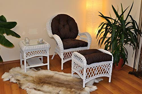 Rattan Ohrensessel, Rattansessel, Relaxsessel, Hochlehner mit Hocker und Beistelltisch Korbfarbe : weiß Lackiert