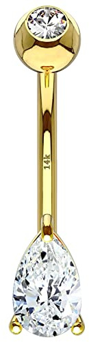 OUFER 14G 14K Solid Gold Belly Button Ring Clear Teardrop CZ Navel Rings Belly Bars Bauchnabelpiercing nabelpiercing