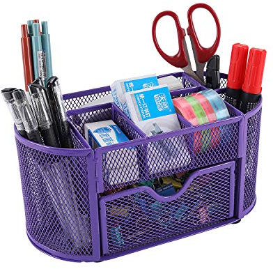 EasyPAG Office Mesh Desk Tidy Versatile Stationery Storage Desktop Organiser Pen Holder with Drawer,Purple