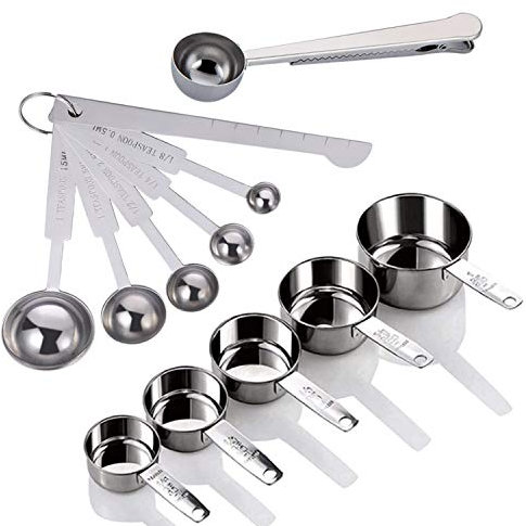 Yuning Juego de 12 Tazas y cucharas de medir de Acero Inoxidable con Regla de medición, Cuchara con Clip, para Medir Líquidos y Los Ingredientes Secos (Cucharas Medidoras y Tazas Medidoras)