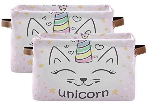 LUCKYEAH - Papelera de almacenamiento con diseño de unicornio de gato, plegable, con asas para dormitorio, hogar, oficina, guardería, 2 unidades
