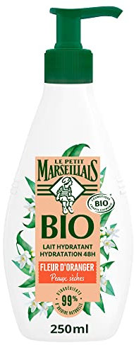 Le Petit Marseillais - Lait Hydratant Hydratation 48h Fleur d'Oranger BIO (flacon-pompe de 250 ml) – Lait corps pour peaux sèches – 99% d'ingrédients d'origine naturelle
