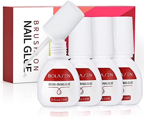 BOLASEN False Nails Super Strong Glue - Quick Dry, Extra Strong, Brush-on, Acrylic & Broken Nails, 4x15ml
