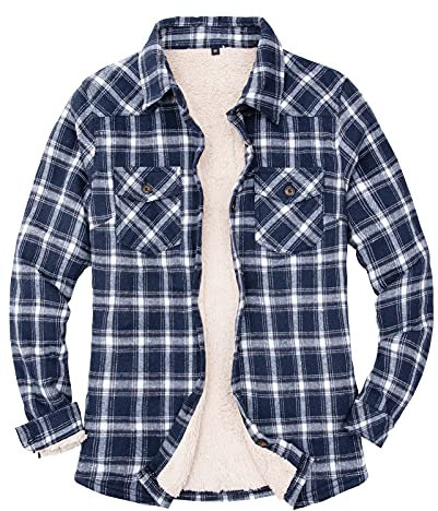 ZENTHACE Sherpa-Fleece gefütterte Flanelljacke für Damen mit Knopfleiste, karierte Flanell-Hemdjacke (alles Sherpa-Futter) Neues Marine-Plaid XL
