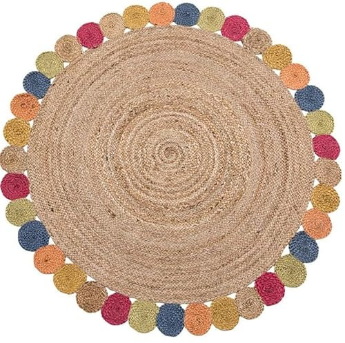 DN HANDICRAFT Geflochtener traditioneller, nachhaltiger Faser-Teppich, mehrfarbig, Jute-Tikki, rund, 120 x 120 cm, geflochtener Jute-Teppich, Nachttischteppich, 120 x 120 cm