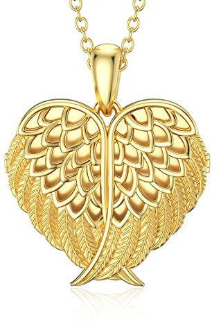 SOULMEET Solide Gelbgold/Sterling Silber Herz geformt Engel Flügel Medaillon Halskette, die Bilder hält Foto personalisierte Medaillon Halskette