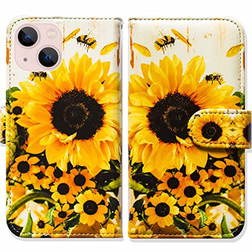 Bcov iPhone 13 Case, Sunflower Bee Flip Phone Case Wallet Cover with Card Slot Holder Kickstand For iPhone 13