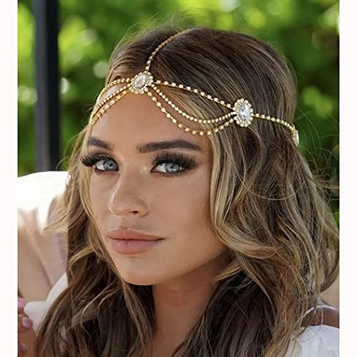 IYOU Crystal Bridal Head Chain Silver Bride Headpiece Rhinestone Headband Hair Piece Festival Wedding Hair Accessories for Women (Gold)