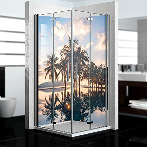 dedeco Eck-Duschrückwand wasserfest Motiv: Palmen V1, 2 x 100x200 cm, als Badrückwand zum Fliesenersatz, als Dekorwand, Wandverkleidung und Duschplatte aus Aluminium - Made in Germany