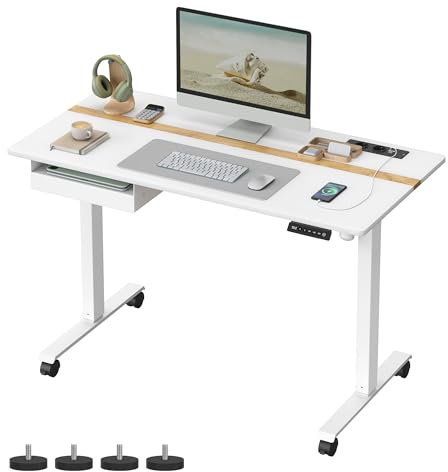 VASAGLE Höhenverstellbarer Schreibtisch elektrisch, 120 x 60 cm Tischoberfläche, Memory-Funktion mit 4 Höhen, mit Steckdosen und Stoffschublade, wolkenweiß-goldeichenfarben LSD112W01