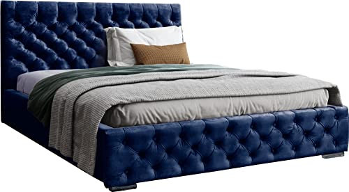 Samtstoff Polsterbett Doppelbett 140x200 160x200 180x200 cm Blau Bettgestell Mit Bettkasten Lattenrost und Gestepptes Kopfteil - Hydrophobe Stoff - Chesterfield-Stil - Dunkelblau - 120 x 200 cm