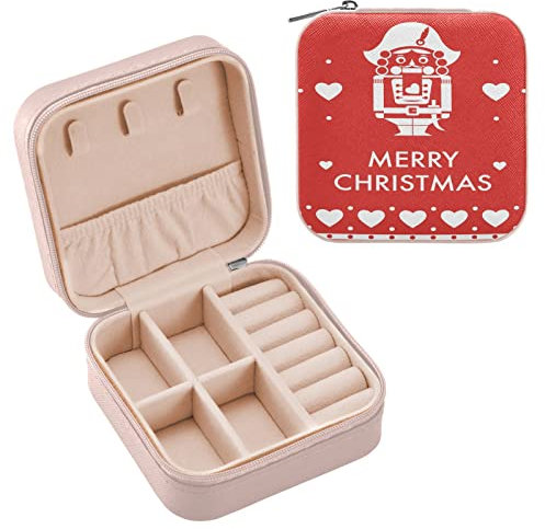 Merry Christmas Cute Nutcracker Red Mini Jewelry Travel Case Small Jewelry Box Portable Jewelry Organizer for Rings Earrings Necklace Bracelet Bangle, Best Gifts for Girls Women Wife (Pink)