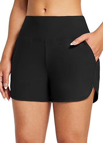 baleaf Swim Shorts Womens Tummy Control High Waisted Swimming Board Shorts with Pockets Liner Quick Dry 3'' UPF 50+ Black XXL