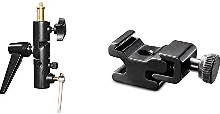 Walimex Pro Schirmhalter neigbar mit Spigotaufnahme schwarz & Walimex Universal Blitzschuh (mit 1/4 Zoll) Stativanschluss