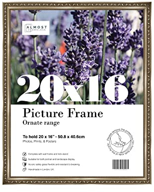 Almost Frameless 20x16 Gunmetal Ornate Picture Frame 20x16(50.8x40.6cm) Poster, Photo, Artwork, or Print. Opulent Style Portrait and Landscape Display with Wall Hooks