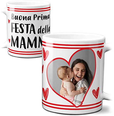 STAMPATEK Tazza Personalizzata per la Festa Della Mamma - Regalo Con Foto, Buona Prima Festa, Compleanno, Natale - Auguri Con Cuori