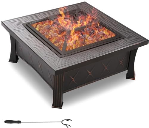 Brasero Exterior Grande, Brasero Barbacoa 3 en 1, con Parrilla y Protección contra Chispas, Cuenco de Fuego para Jardín, Camping, Cesta de Fuego para calefacción de terraza, 81 x 81 x 51 cm