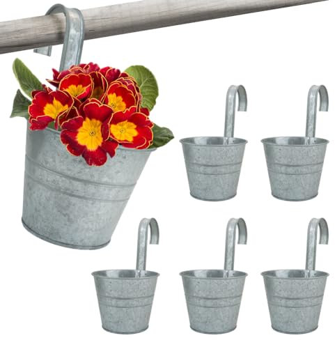 Sporgard Hängende Blumentöpfe aus Metall, 13 cm, Landhausstil, Fensterblumen-Halter mit Haken, ideal für Geländer, Zaun, Balkon, Garten, Innen- und Außenbereich, Heimdekoration, 5 Stück