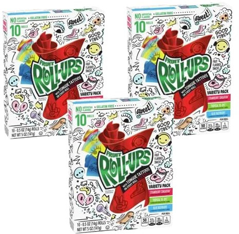 CANDYBOX Betty Crocker Fruit Roll Up - Frucht-Snacks - Fruchtrollen für Kinder und Erwachsene - Fruchtgummi-Rolle - Fruchtgelees - Geschmack Erdbeere, Tropical und Himbeere - 3 Stück, 3x 141g