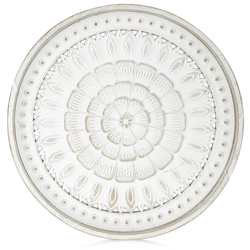 Hanobe Decorative Round Coffee Tray: White Wooden Carved Boho Decor Serving Trays Farmhouse Circle Wood Platter for Counter Table Centerpiece Ottoman