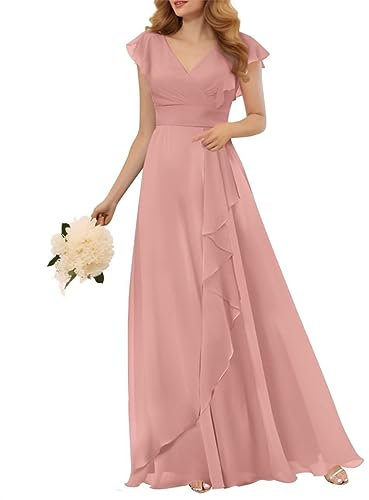 WSEYU Chiffon Brautjungfernkleider Lang mit Ärmeln für Hochzeit Rüschen V-Ausschnitt Plissee Formelle Kleider, Dusty Rose, 44