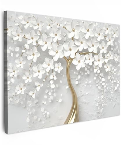 MuchoWow© Impression sur Toile Decoration Murale Peinture 80x60 cm Tableaux Decoratifs Muraux Décoration Chambre Arbre - Fleurs - Or - Blanc