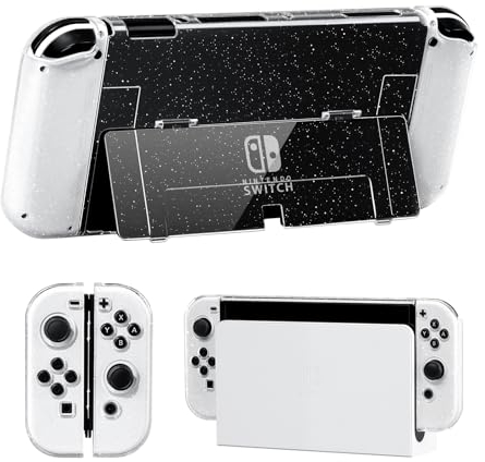 JINGDU Schutzhülle kompatibel mit Switch OLED 2021, transparente Glitzer-Switch-OLED-Hartschale, Joycontroller-Split-Design, Anti-Fall und Stoßdämpfung, mit 4 Daumengriffen