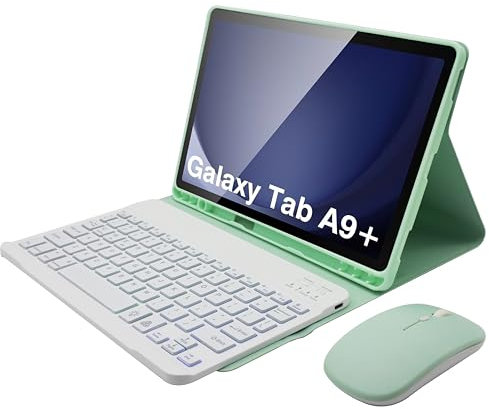HLTOOP Funda con Teclado para Samsung Galaxy Tab A9 Plus De 11 Pulgadas (SM-X210/X216/X218), Contiene Ñ, Teclado Retroiluminado De 7 Colores con Ratón Inalámbrico De Modo Dual,Verde