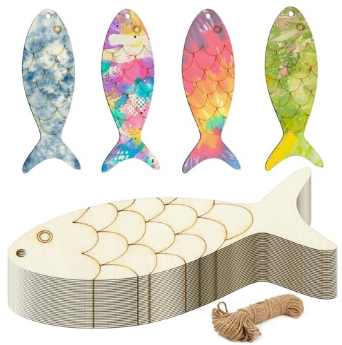 30 Stück Holzausschnitte in Fischform zum Selbermachen, unfertige leere Holzschilder, fischförmige Holzausschnitte zum Basteln mit Hanfseil,holzfisch,holzfische deko,Fish Shaped Wood