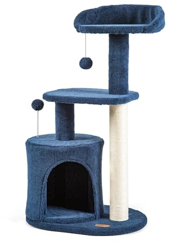 ClevaHome Albero Tiragraffi Blu Denim per Gatti Piccoli – Torre Multi-livello da 85 cm con Pali in Sisal, Piattaforme Morbide e Gioco Pensile da Interno