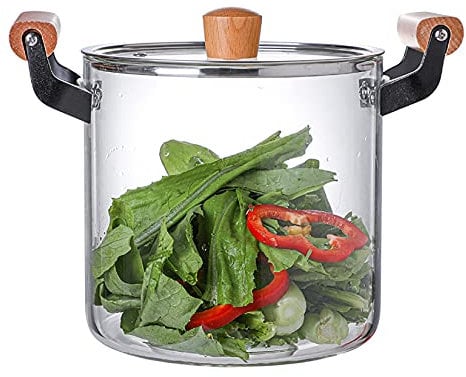 NNYCC Pentole di Vetro Riscaldabile per Cucinare con Manico in Legno, Pentola in Vetro Trasparente per Ristorante di Cucina Domestica,5.5l