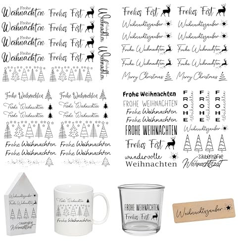 FloraVigo Rub On Sticker ca.A5 19x14cm-Abwischbare Folie für Weihnachtsdekoration, Keraflott, Zuhause, Möbel, Glas, Holz, Fotoalbum, DIY-Dekoration, Aufkleberästhetik(4PCS) (FROHE WEIHNACHTEN2)