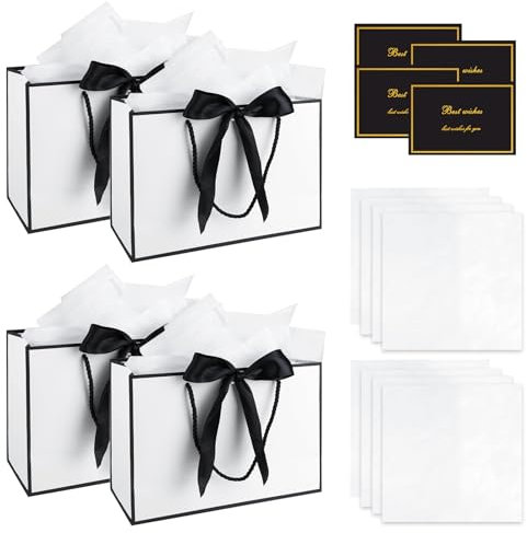 GHVACZS 4 Stück Geschenktüten, Geschenktüte mit Schleifenbändern + Grußkarten + Taschentüchern, Geschenk Tüte, Geeignet für Geburtstage, Hochzeiten, Feiern (Whiteblack)