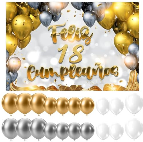 Decoración Feliz 18 cumpleaños + 20 Globos.1 Photocall guirnalda para 18 cumpleaños de mujer y hombre. Cartel Pancarta de fiesta 18 cumpleaños en blanco y dorado. 3 Colores de Globos