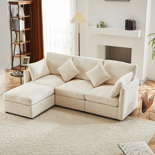 KecDuey Dreisitzer Sofa,Polstersofa,Modernes Design, Chenille-Stoff,Viersitzer-Sofa, L-förmiges Ecksofa mit Fußhocker, geeignet für Wohnungen (Beige)