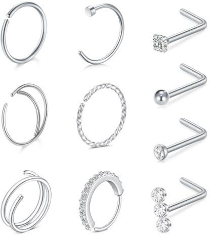 WillTen 10Pcs Nose Rings L Shaped Nose Studs Silver, 20G Nose Rings Hoops Nose Screw Studs Stainless Steel Corkscrew Nose Studs Nostril Nose Piercing Jewelry C Shape Nose Hoops for Women