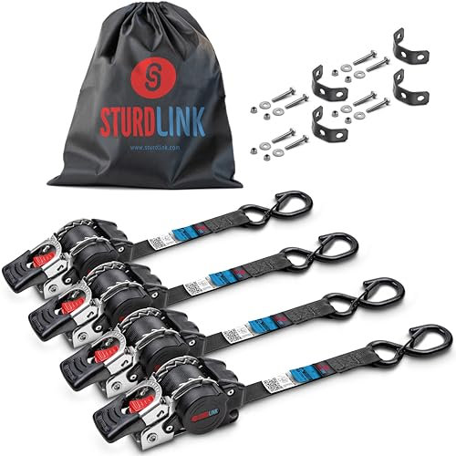 Sangle a Cliquet Automatique Acier Inoxydable 1,8m 25mm Crochet S a Linguet LC 300daN, 600daN en U | Sangle Retractable avec Platine de Fixation | Enrouleur de Sangles Automatiques | Lot de 4 + Sac