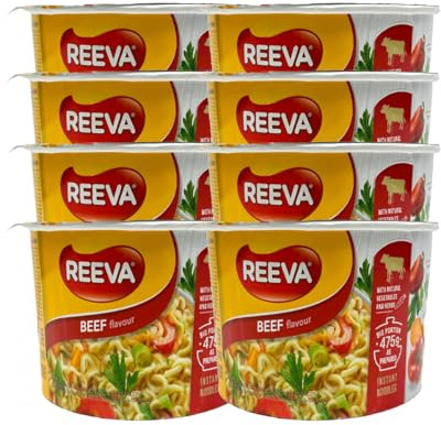 Reeva's Beef Flavour Cup Noodles 75G Instant Noodles with Vegetables and Herbs Ready to Eat, Product of Ukraine Pack of 8