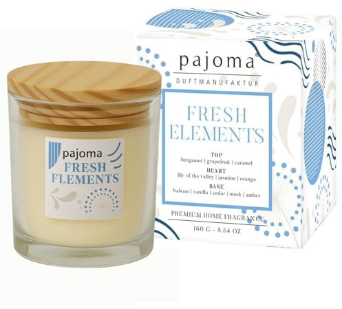 Duftkerze im Glas Fresh Elements, 140 g mit Bambusdeckel 27 Std. Brenndauer, intensiver Duft Kerze in Geschenkverpackung | Spritzige Bergamotte, Jasmin & warme Vanille - Luxus-Deko für Zuhause