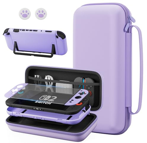 FANPL Purple Case Bundle for Nintendo Switch 2 (2025) Accessories, Portable Hard Carrying Cover with Protective Skin , Screen Protector, 2 Thumb Grips
