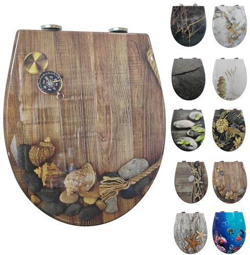 Toilettendeckel mit Absenkautomatik, WC Sitz mit Absenkautomatik Oval Form klodeckel Einfache Reinigung, Abnehmbarer WC-Sitz, 150kg belastbar, einfache Montage – Motiv: Whelks