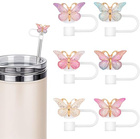 ElevateTech 6Pcs Butterfly Straw Topper, 10mm 0.39inch Reusable Straw Covers Tumbler Accessories Colorful Butterfly Caps for 40 Oz 30 Oz Cute Decoration Gift Women Girls
