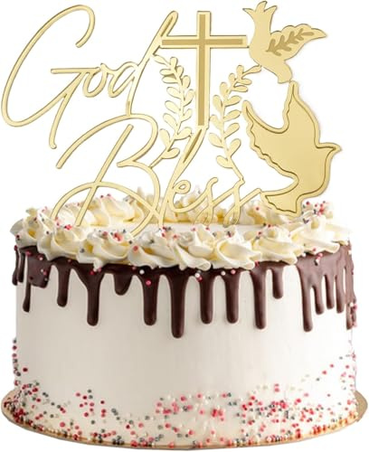 HSC 1 Set Holy Communion Cake Topper Acrylic Cross with 2 Doves, 2 Leaves & God Bless Decoration - Gold Baptism Confirmation Party Supplies for First Communion Birthady Baby Shower Party Decorations