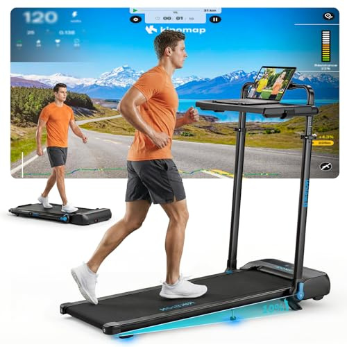 Laufband für Zuhause mit Neigung bis 14 km/h, Laufband Klappbar mit Schreibtisch-Workstation, LED-Anzeige, Fernbedienung und App-Steuerung, kompakte Walking Pad für Zuhause und Büro Heimtrainer