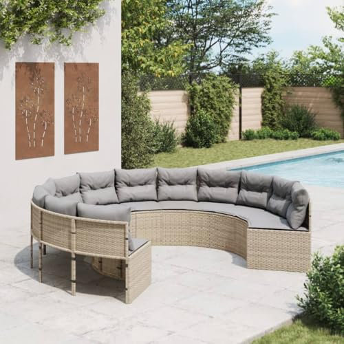 SDWEHO7 Gartensofa Rund Lounge Sofa Outdoor Sitzgruppe mit Kissen, Gartenlounge Sitzgarnitur Gartenmöbel für Terrasse Balkon, Beige Poly-Rattan