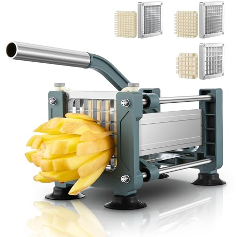 FOHRER French Fry Cutter, Professional Manual Potato Slicer for Potatoes with 3 Heavy Duty Stainless Steel Blades (1/2, 3/8, 1/4 Inch), Unique Blue Potato Cutter with Non-Slip Suction Feet