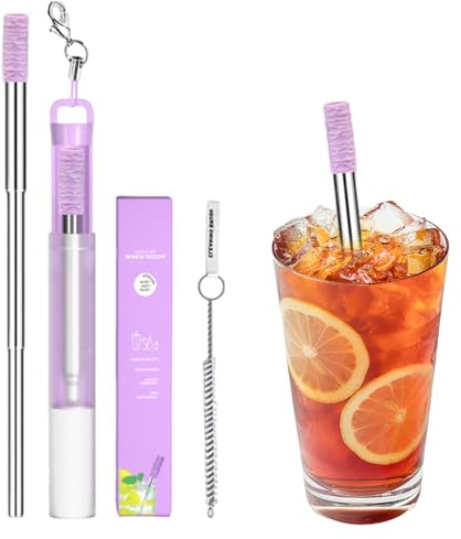 Cannuccia telescopica portatile - Paghe di consumo in acciaio inossidabile riutilizzabili | Tubo pieghevole in metallo | Suggerimento in silicone ecologico, saccadeer tascabili compatti con