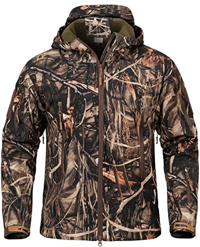 CARWORNIC Herren Real Tree Tarnjacke Outdoor Jagd Softshelljacke Wasserdichte Militär Taktische Jacke Fleece Kapuzenjacke